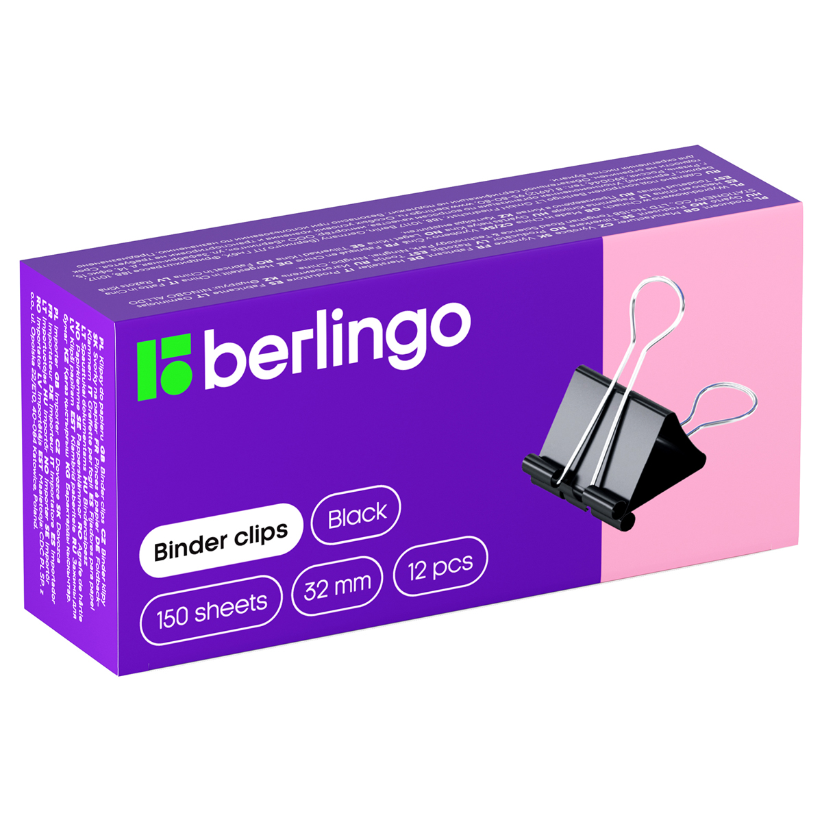 Зажимы для бумаг 32мм. BERLINGO (12 штук), до 150л, черные, к/к (BC1232)