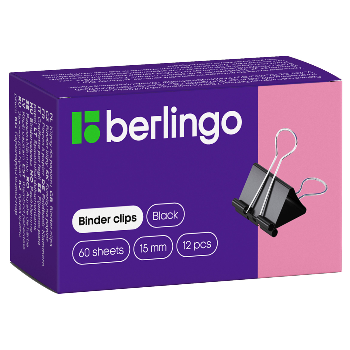 Зажимы для бумаг 15мм. BERLINGO (12 штук), до 60л, черные, к/к (BC1215)