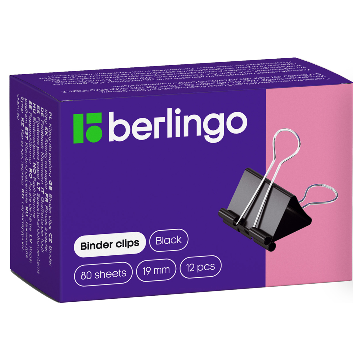 Зажимы для бумаг 19мм. BERLINGO (12 штук), до 80л, черные, к/к (BC1219)