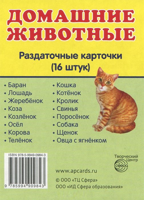 Демонстрационные картинки. Домашние животные. 16 раздаточных карточек с текстом (63х87мм)