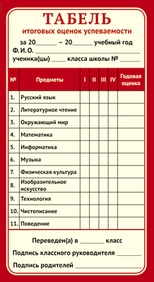 Табель итоговых оценок успеваемости для начальной школы (ШМ-11990)